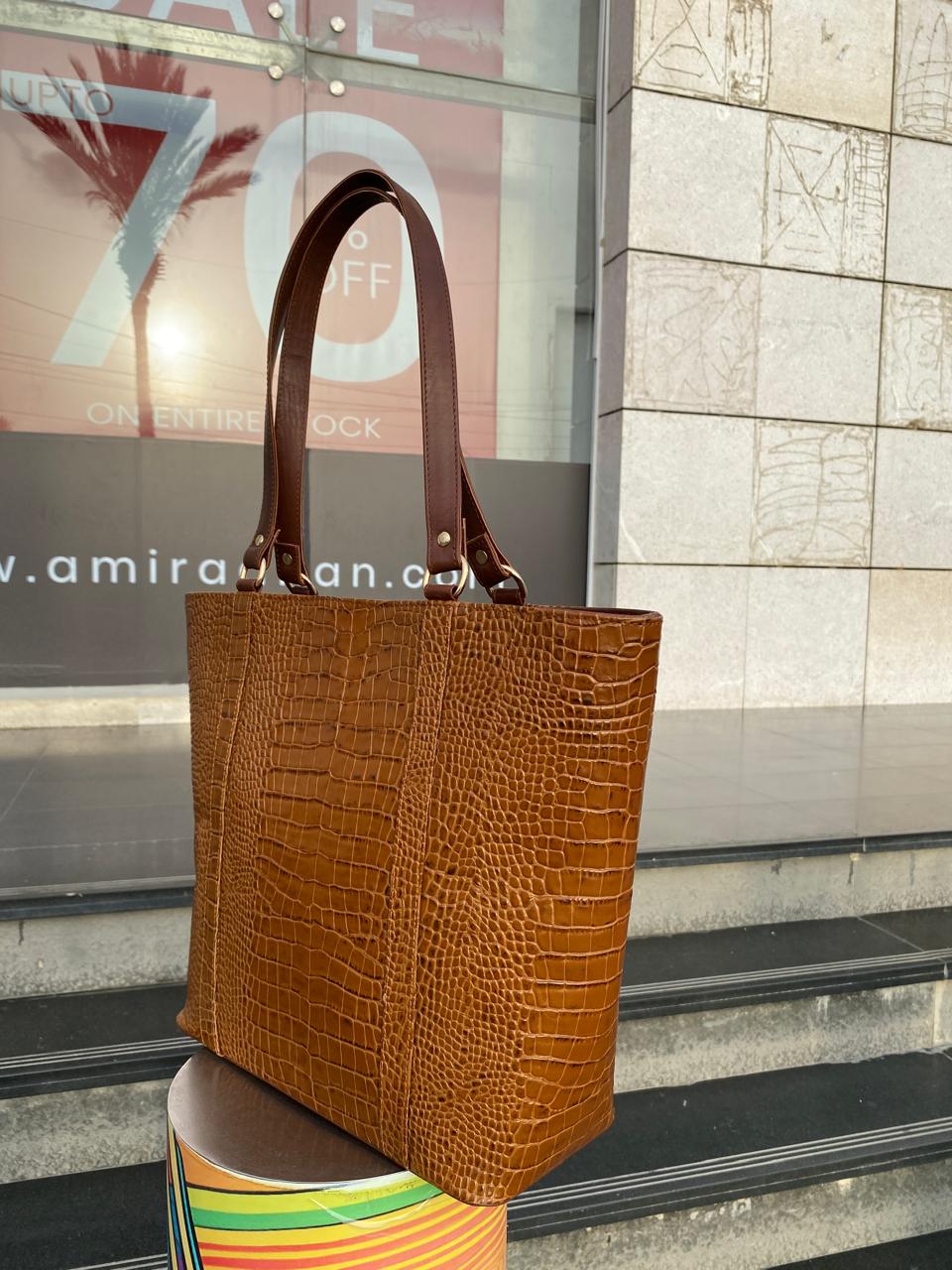 Cow Leather Croc Embossed Tote Bag