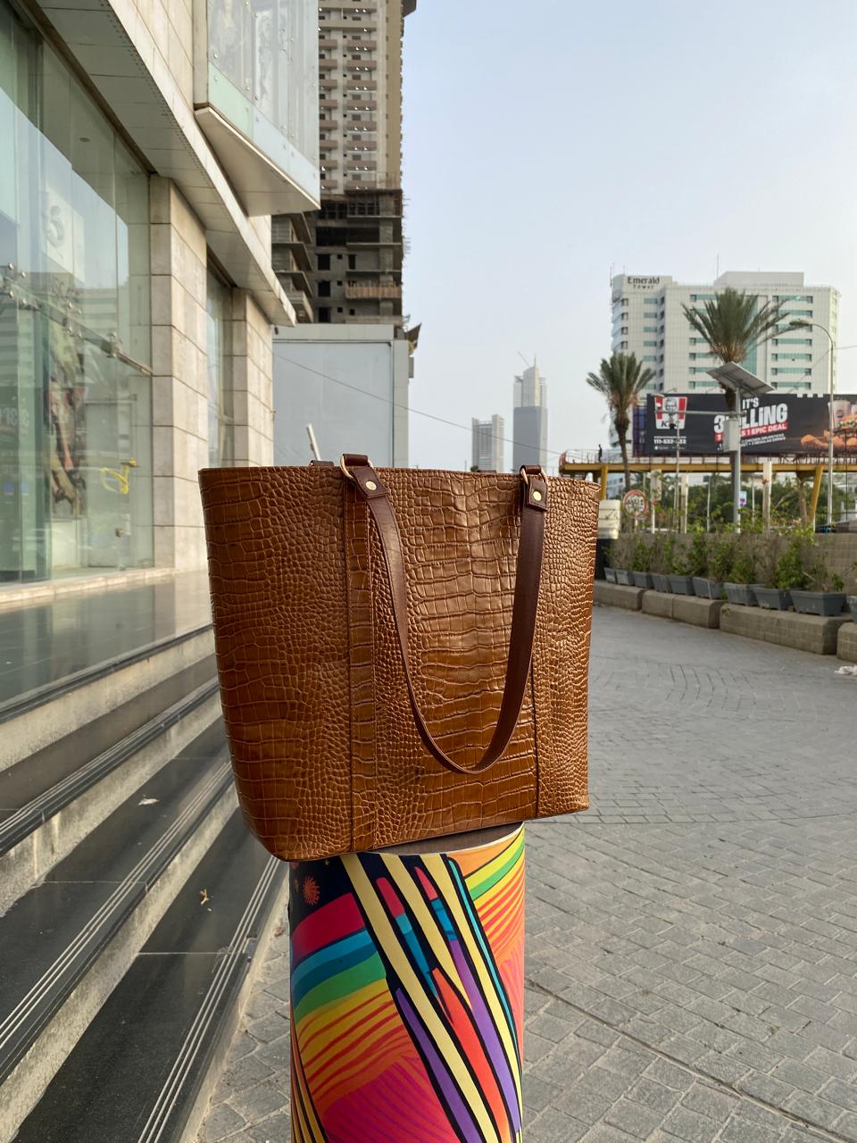 Cow Leather Croc Embossed Tote Bag