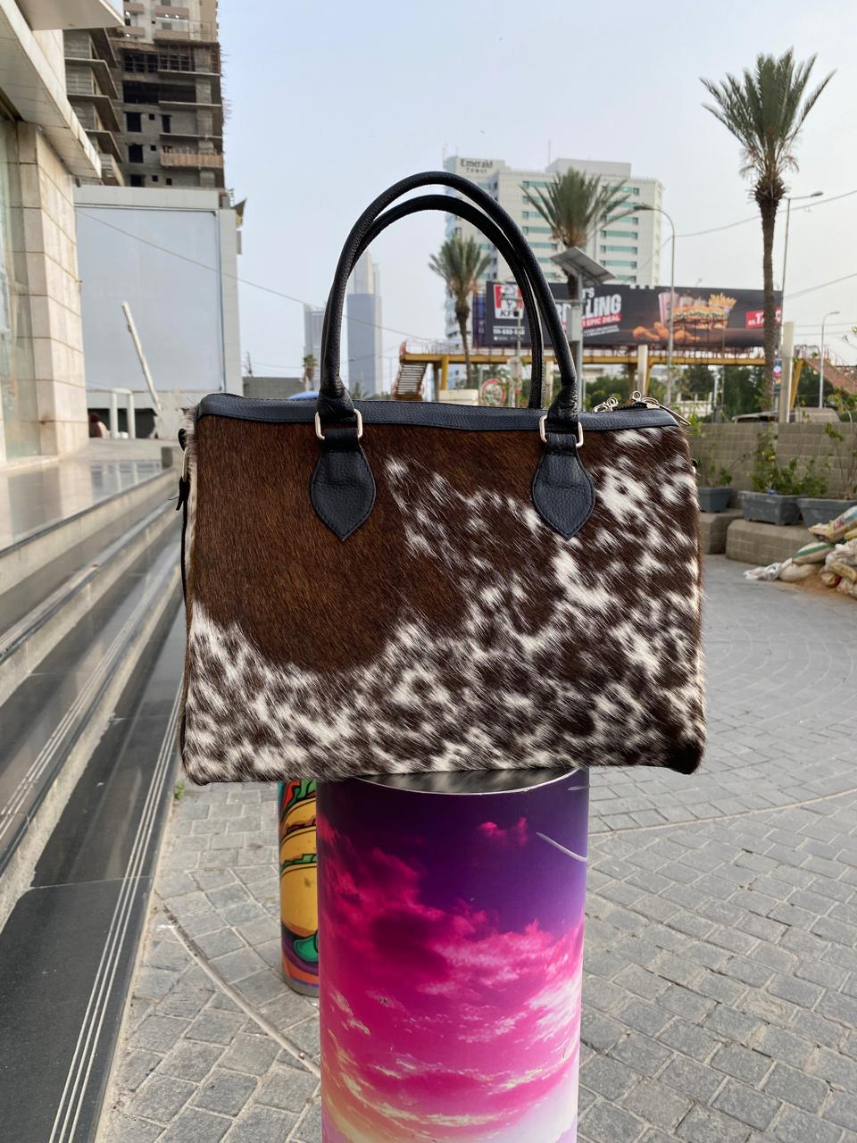 Brown & White Cowhide Tote Bag