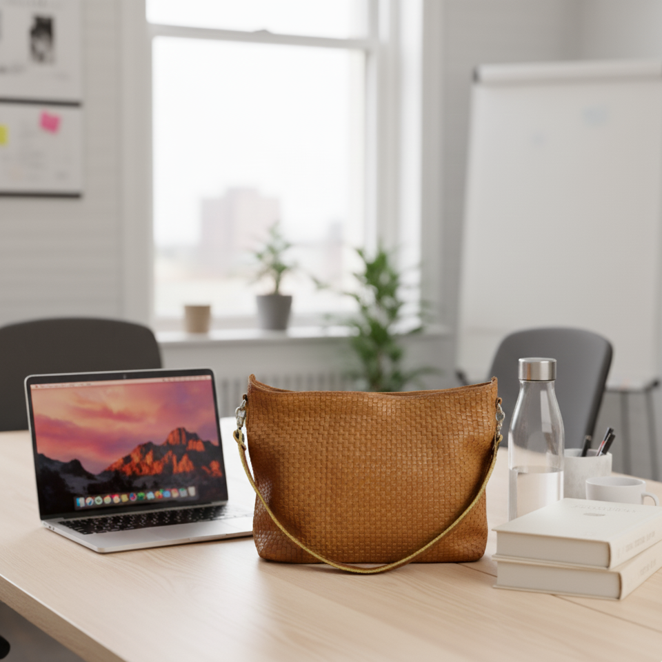 Handwoven Beige Sheep Leather Handbag