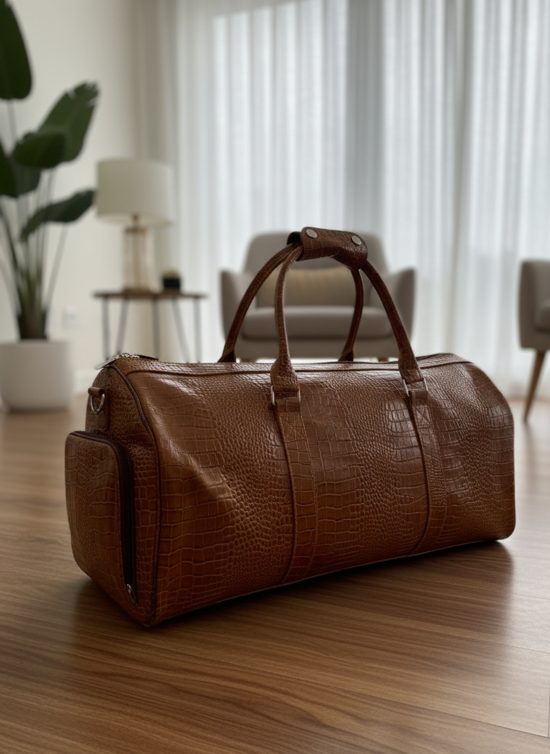 Uroosa Leather Light Brown Duffel – Croc Embossed Style