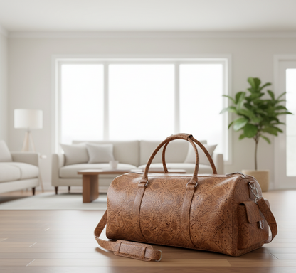 Luxury Cow Leather Duffel – Snake Texture Embossed Travel Bag