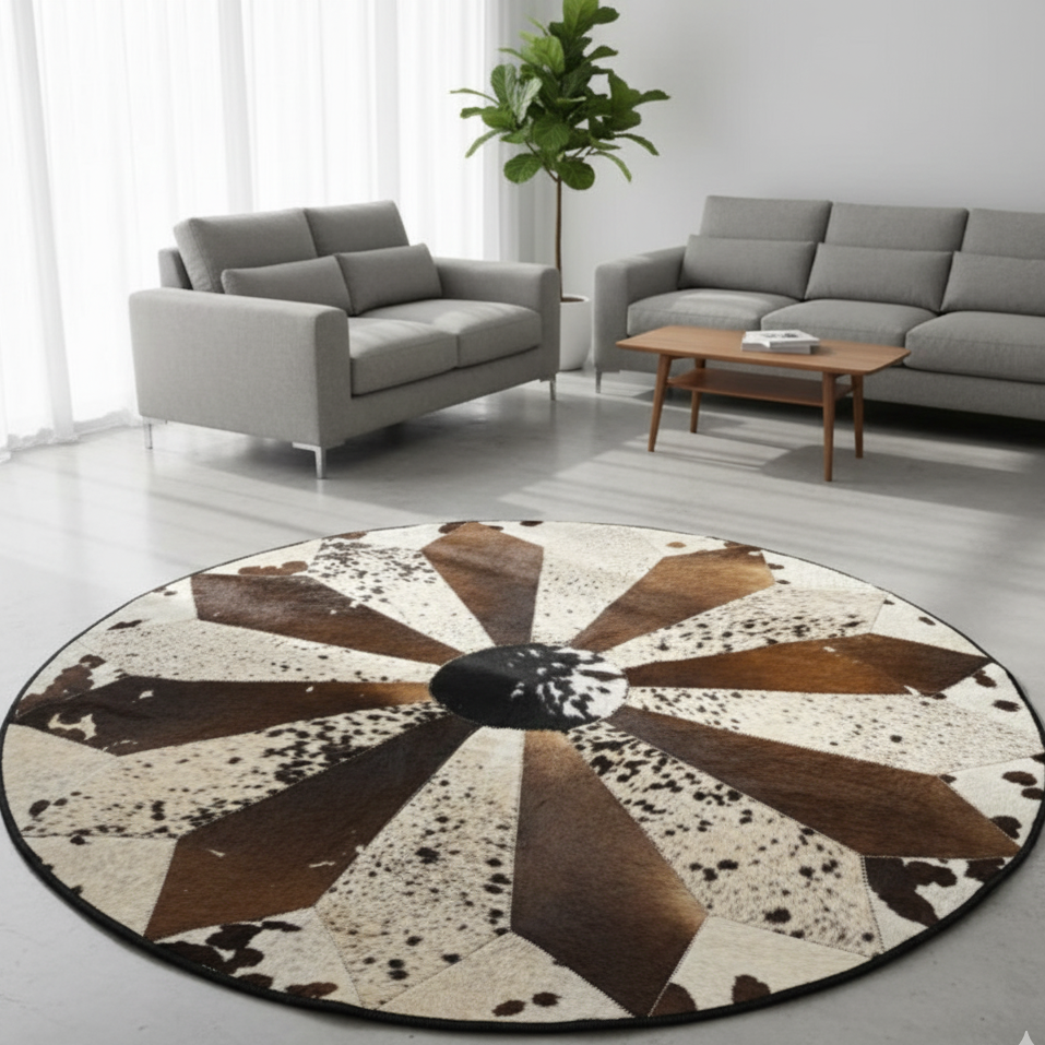 Brown & White Round Cowhide Rug – 5x5