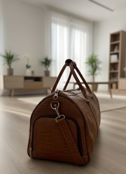 Uroosa Leather Light Brown Duffel – Croc Embossed Style