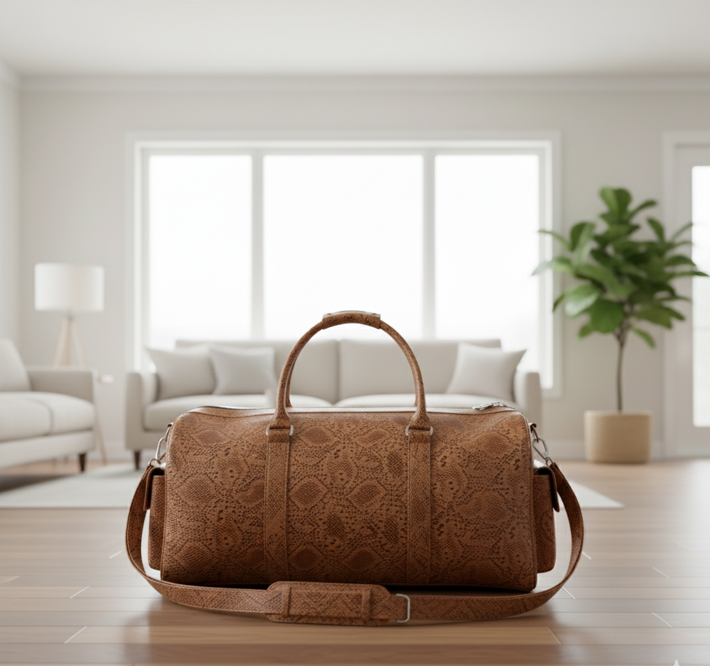 Luxury Cow Leather Duffel – Snake Texture Embossed Travel Bag