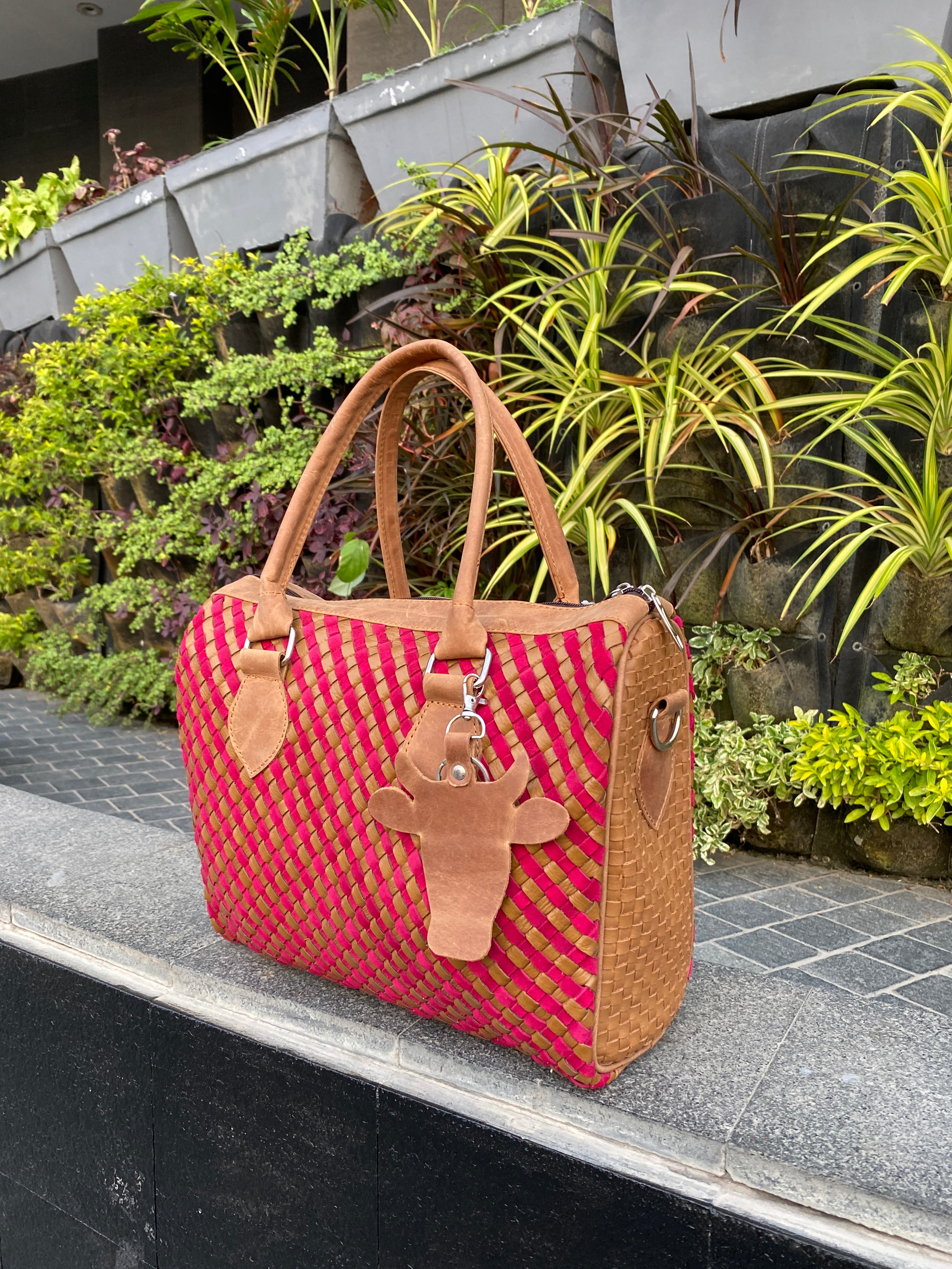 Handwoven Pink & Beige Sheep Leather Ladies Handbag