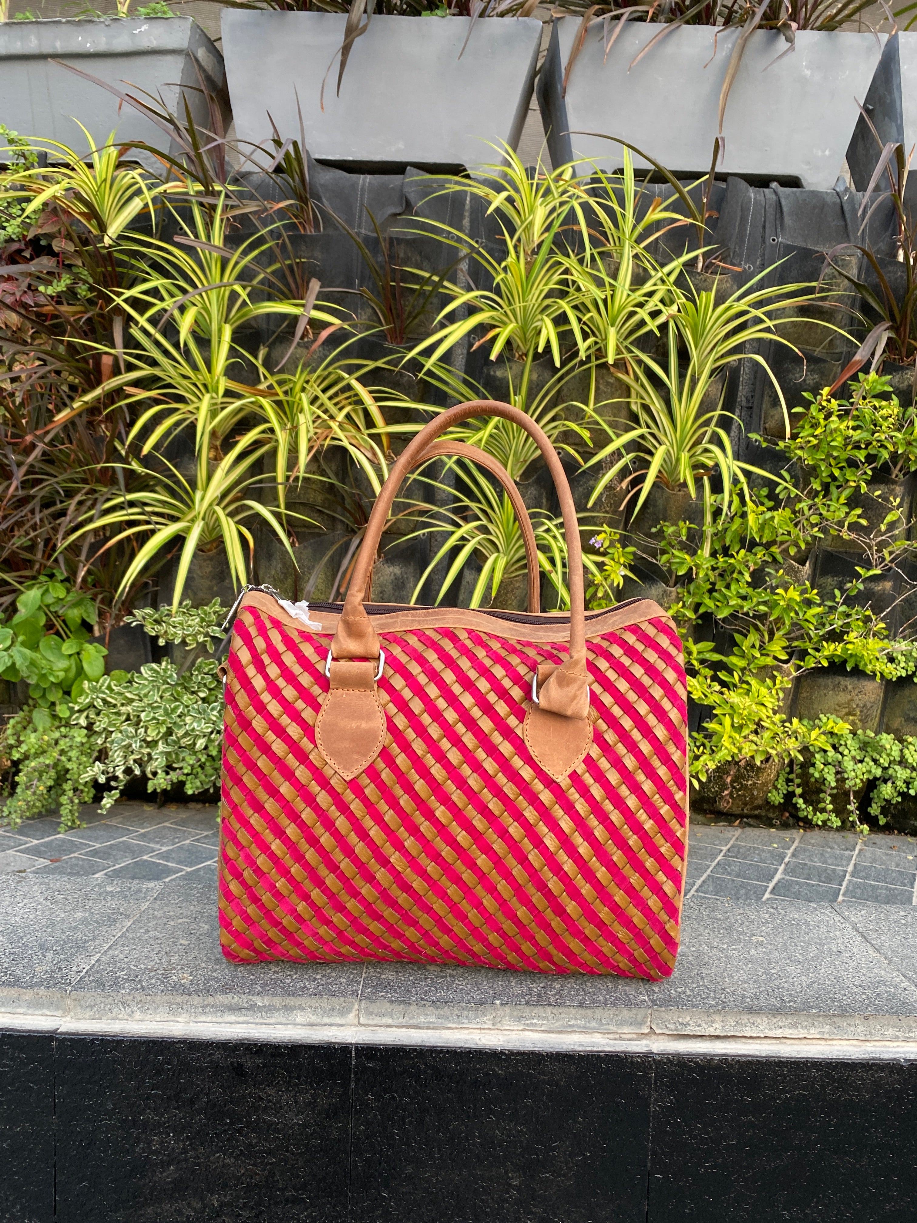 Handwoven Pink & Beige Sheep Leather Ladies Handbag