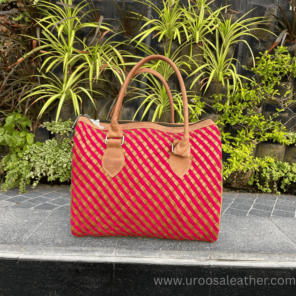 Handwoven Pink & Beige Sheep Leather Ladies Handbag