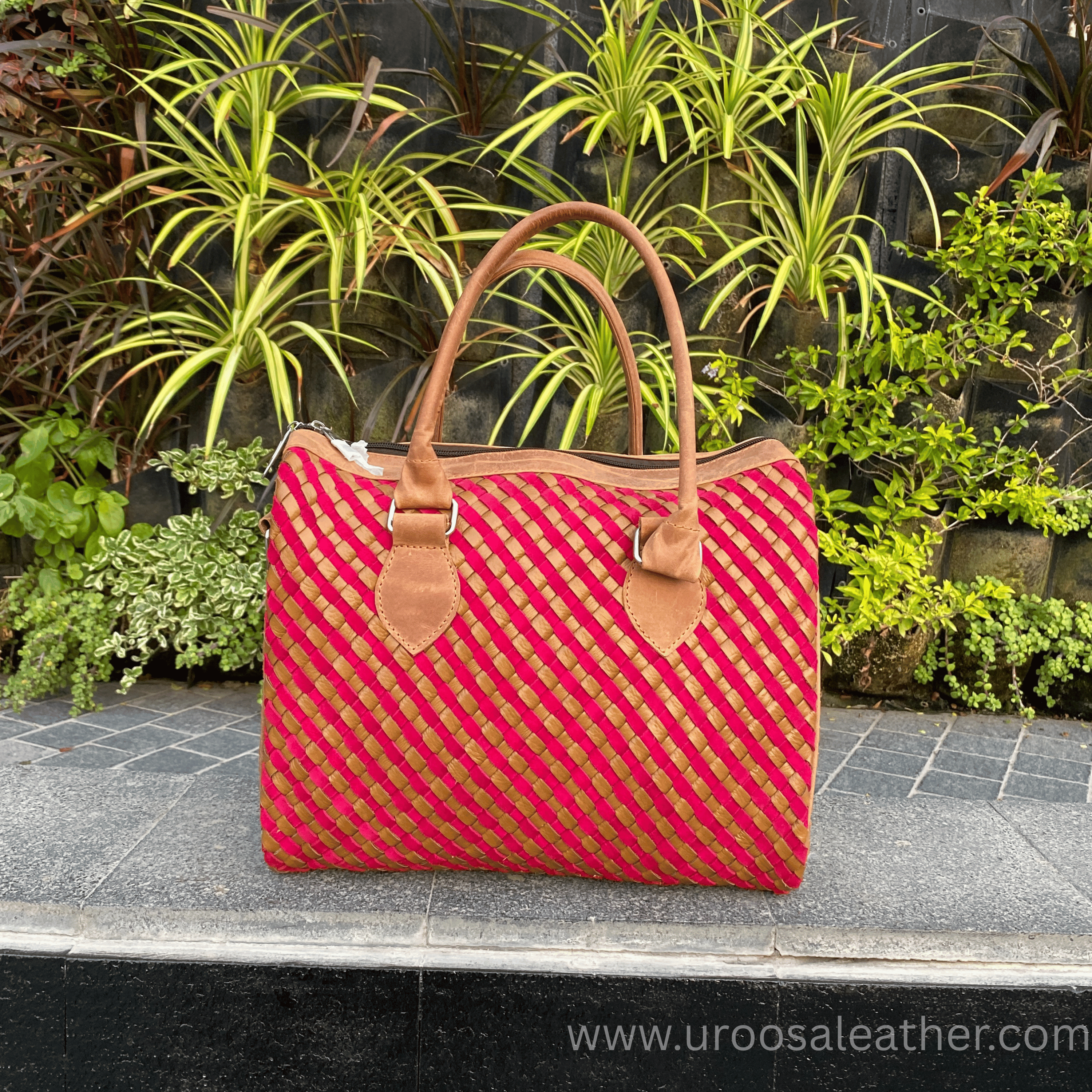 Handwoven Pink & Beige Sheep Leather Ladies Handbag