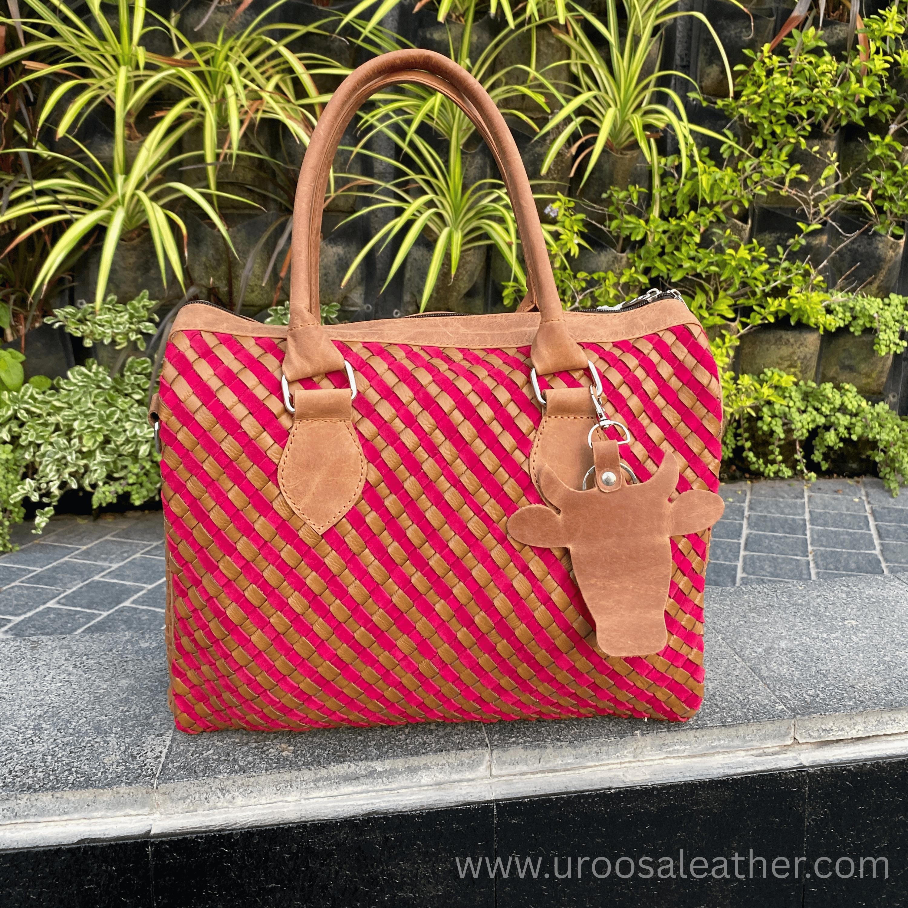 Handwoven Pink & Beige Sheep Leather Ladies Handbag