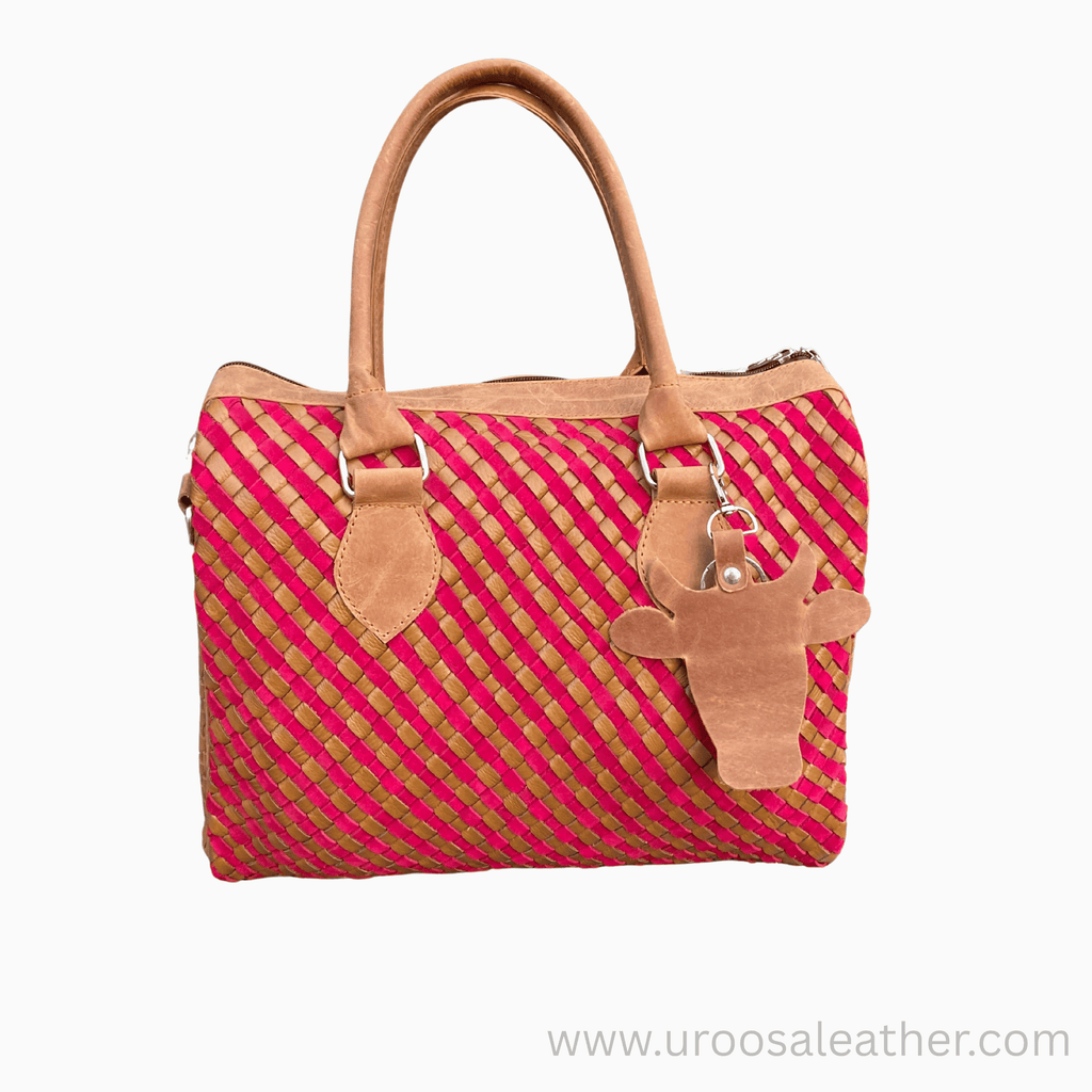 Handwoven Pink & Beige Sheep Leather Ladies Handbag
