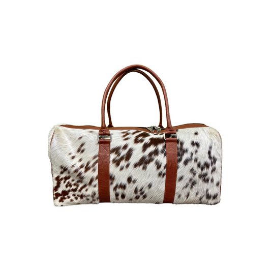 Uroosa Leather Brown & White Cowhide Duffel Bag – Genuine Leather Travel