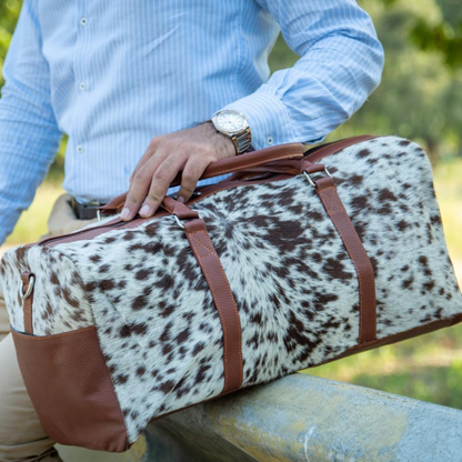 Uroosa Leather Brown & White Cowhide Duffel Bag – Genuine Leather Travel