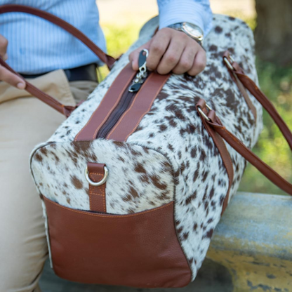 Uroosa Leather Brown & White Cowhide Duffel Bag – Genuine Leather Travel