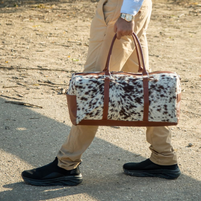 Uroosa Leather Brown & White Cowhide Duffel Bag – Genuine Leather Travel