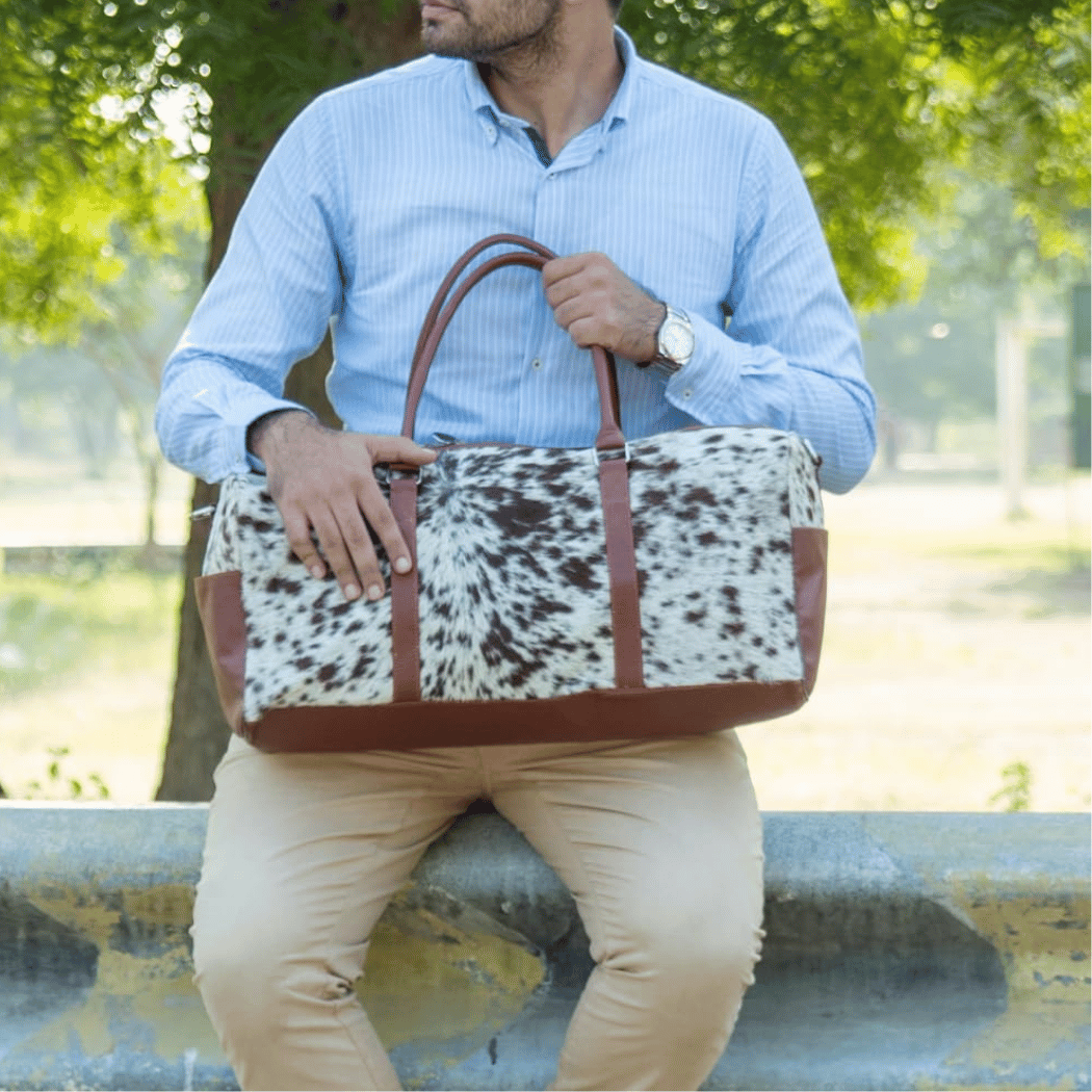 Uroosa Leather Brown & White Cowhide Duffel Bag – Genuine Leather Travel