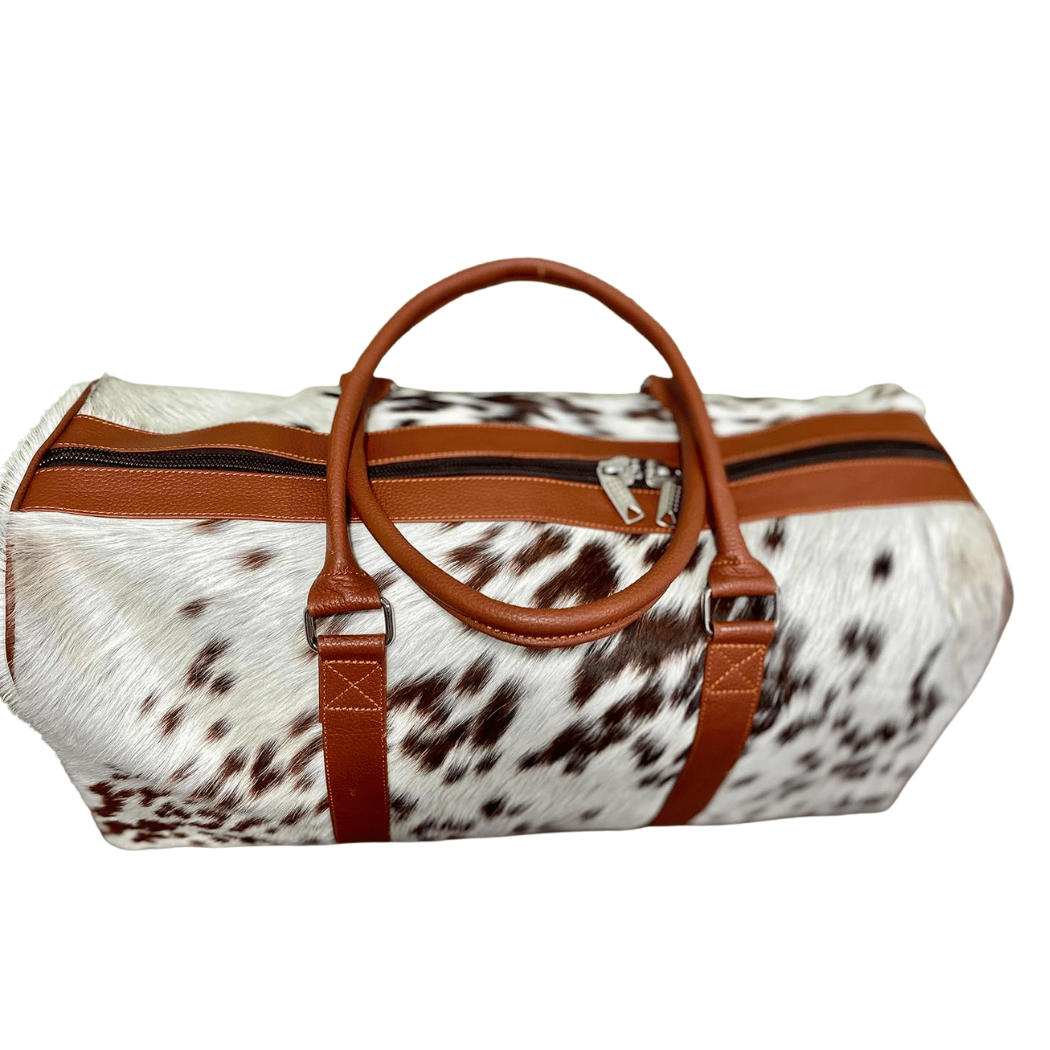 Uroosa Leather Brown & White Cowhide Duffel Bag – Genuine Leather Travel