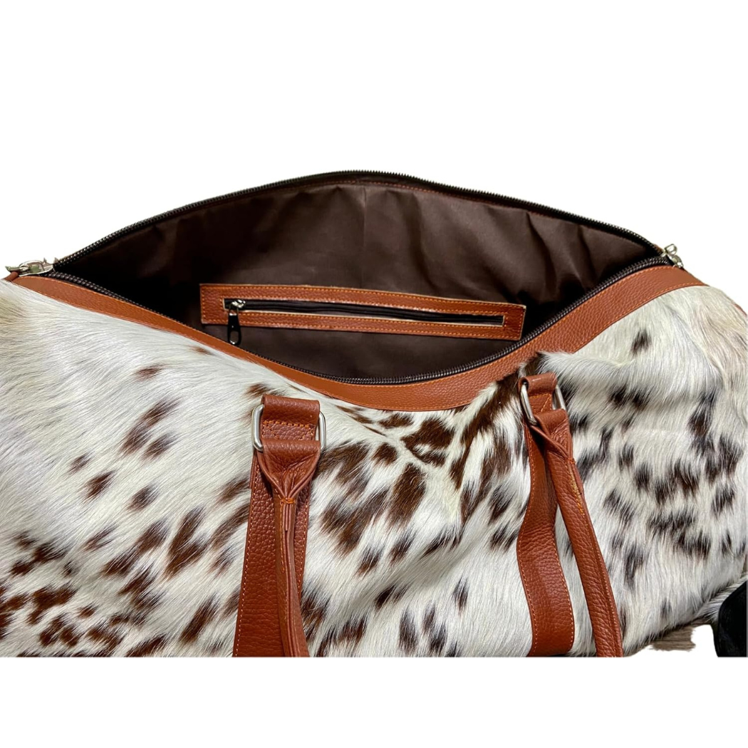 Uroosa Leather Brown & White Cowhide Duffel Bag – Genuine Leather Travel