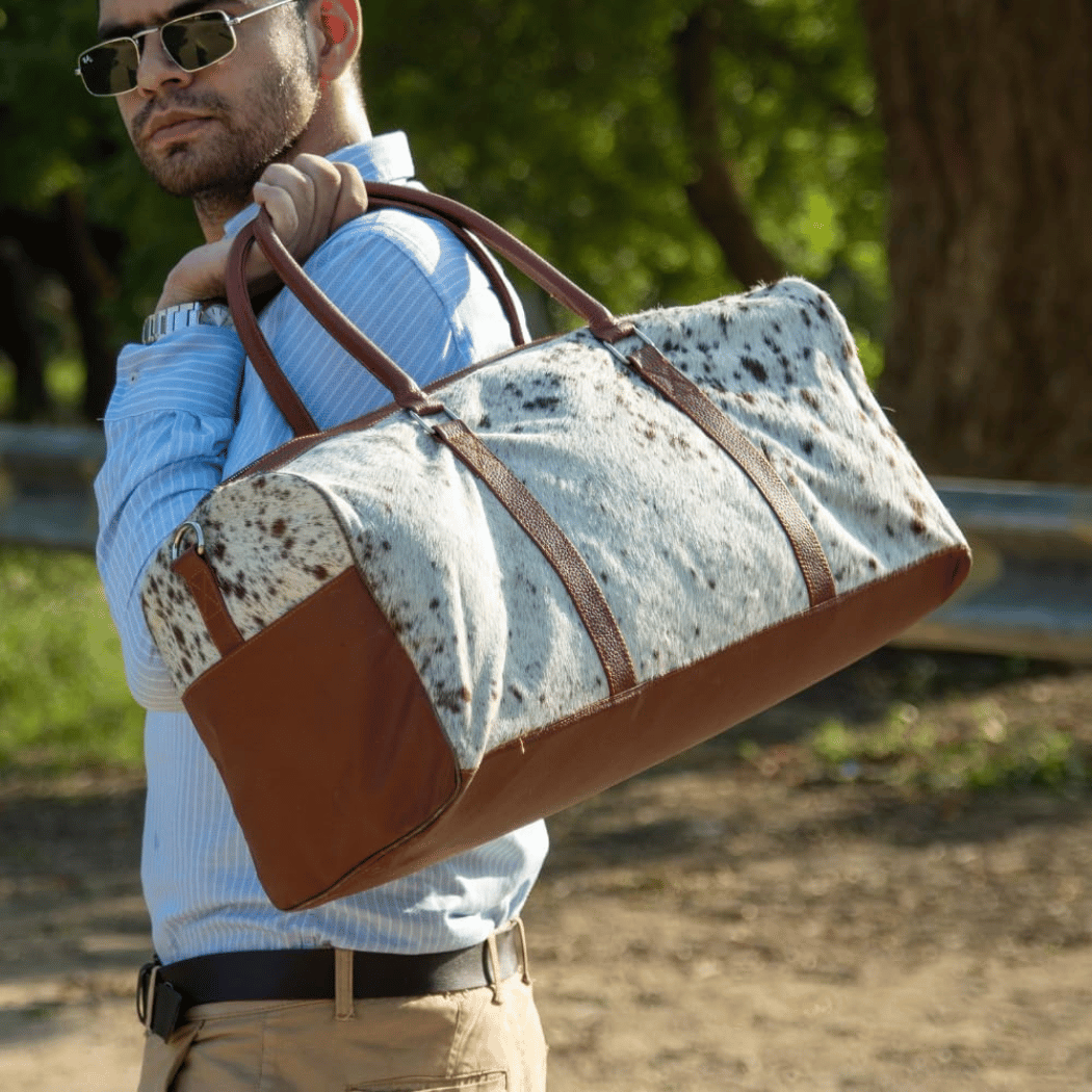 Uroosa Leather Brown & White Cowhide Duffel Bag – Genuine Leather Travel