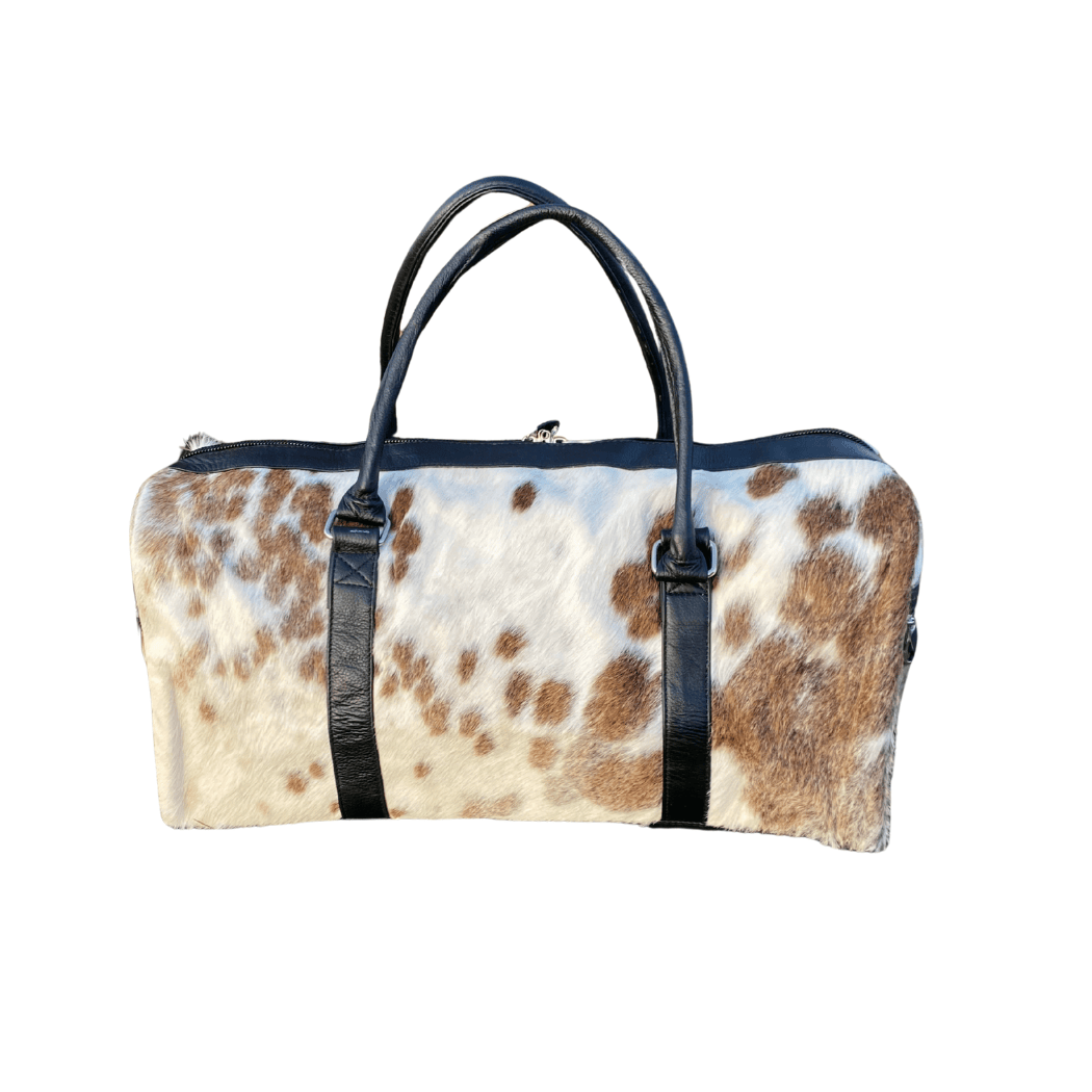 Luxury Brown & White Cowhide Duffel – Premium Travel Companion