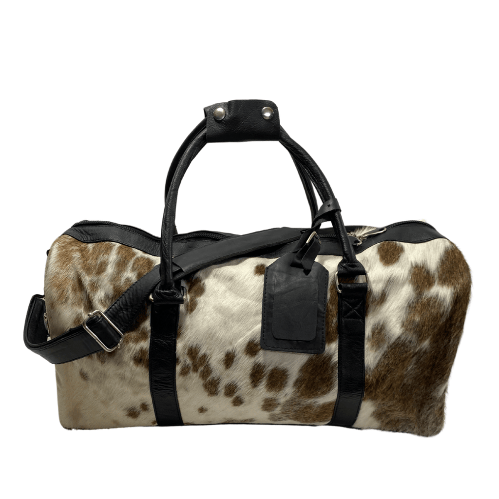 Luxury Brown & White Cowhide Duffel – Premium Travel Companion