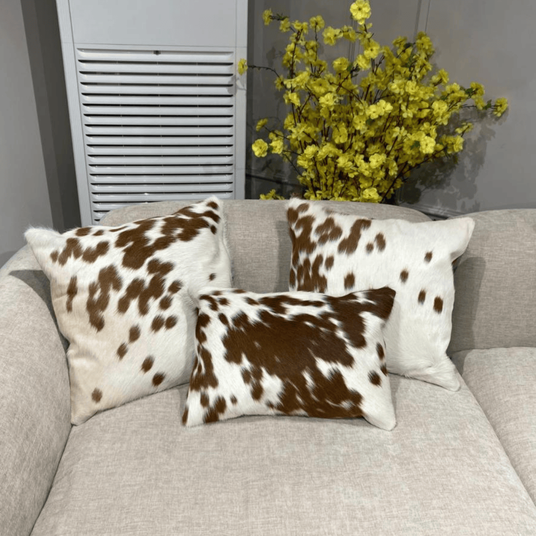 Brown & White Cowhide Cushion Cover | Natural Leather Pillow