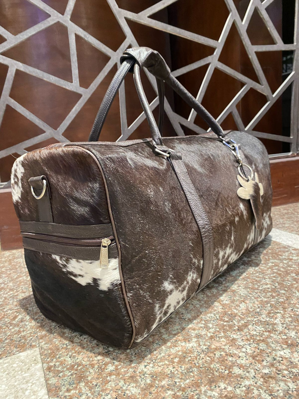 Cognac – Brown & White Cowhide Duffel Bag