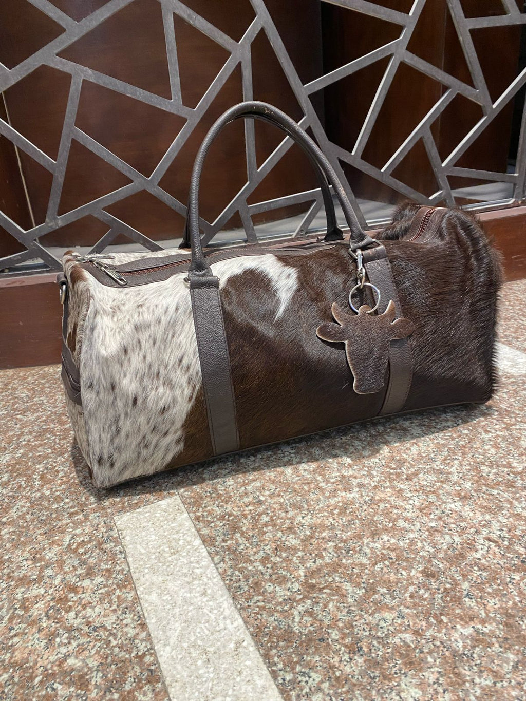 Cognac – Brown & White Cowhide Duffel Bag