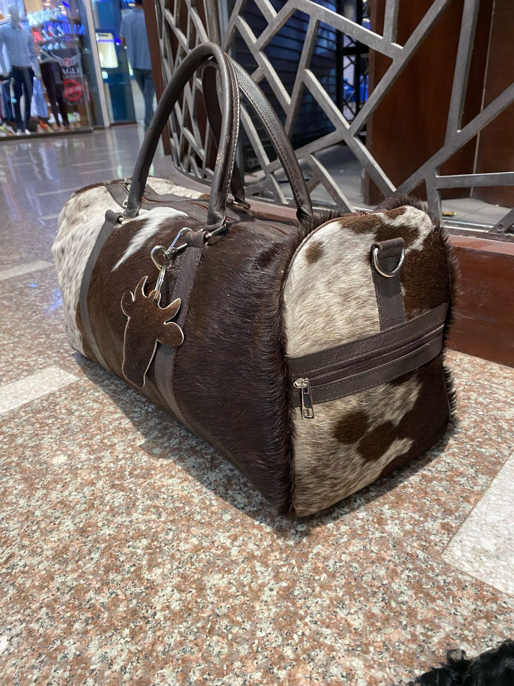 Cognac – Brown & White Cowhide Duffel Bag