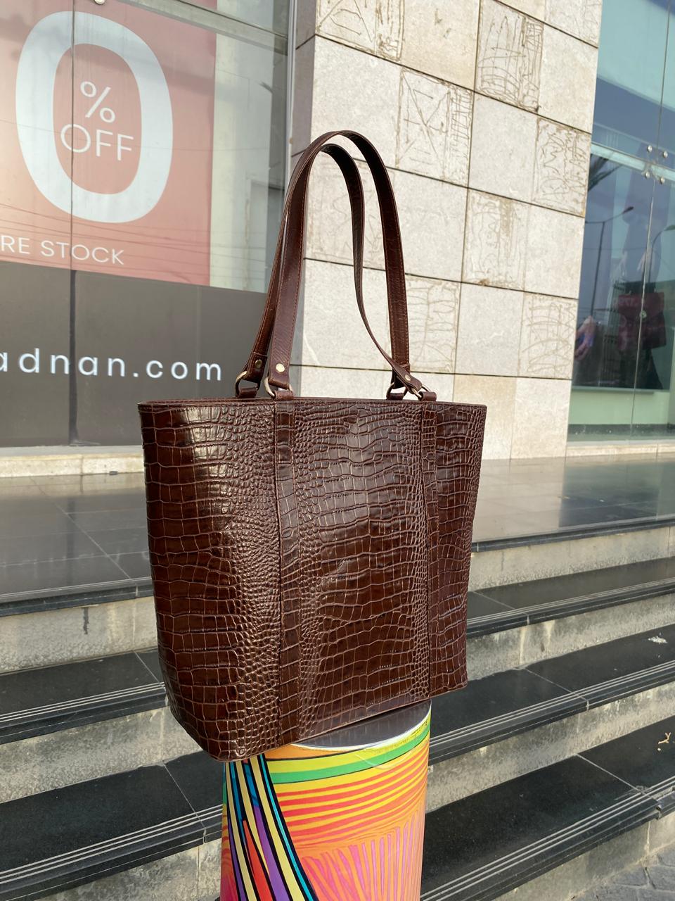 Cow Leather Croc Embossed Tote Bag