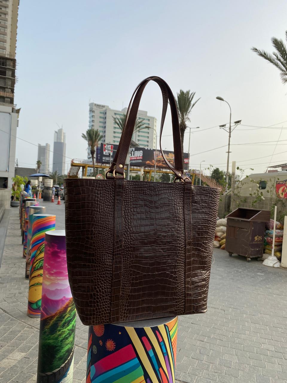 Cow Leather Croc Embossed Tote Bag