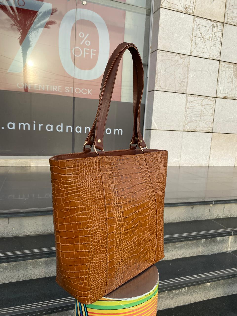 Cow Leather Croc Embossed Tote Bag