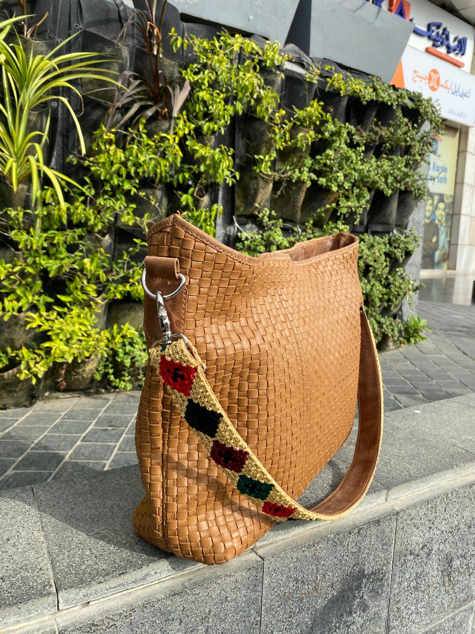 Handwoven Beige Sheep Leather Handbag